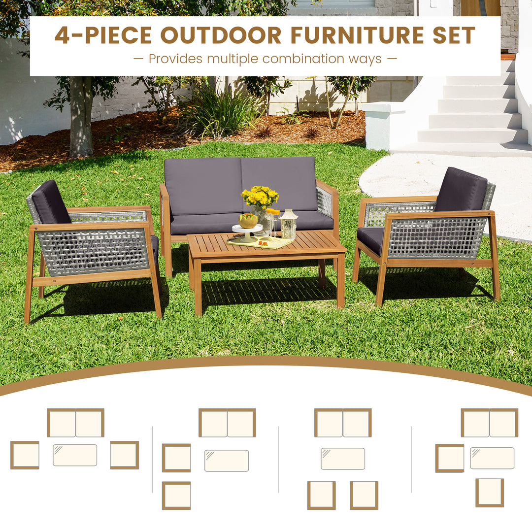 4 Pieces Wicker Patio Furniture Set with Loveseat Coffee Table and Chairs-Grey