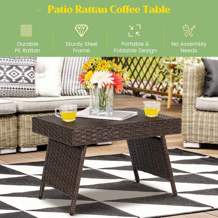Patio Wicker Folding Coffee Table with Sturdy Steel Frame