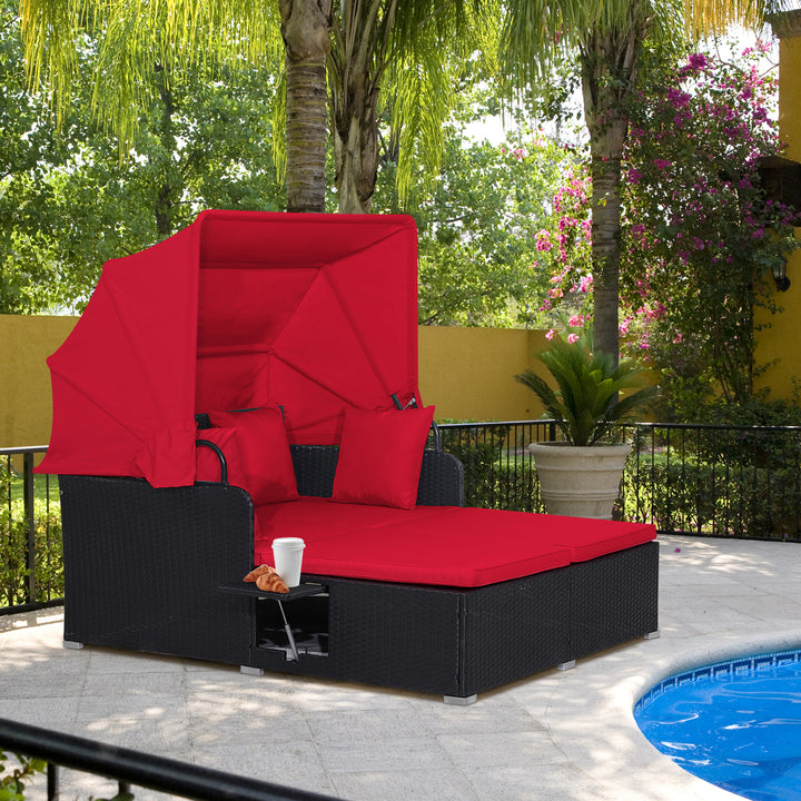 Garden Rattan Daybed with Retractable Canopy and Cushions-Red