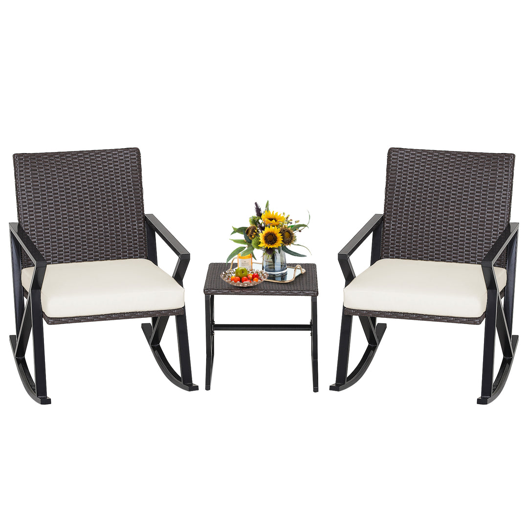 Rattan Patio Bistro Set with Rocking Chairs and Table