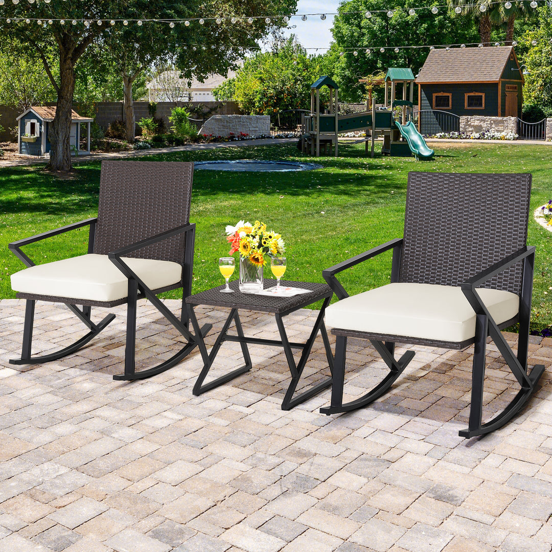 Rattan Patio Bistro Set with Rocking Chairs and Table