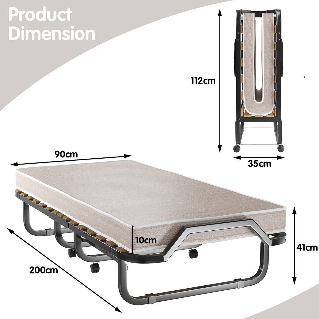 Folding Bed with 10cm Memory Foam Mattress and Wheels-White