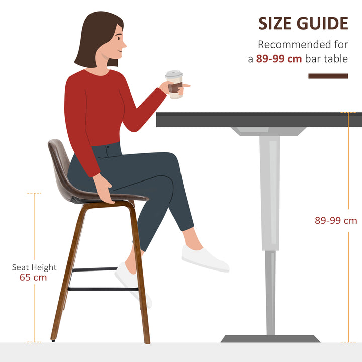 Bar Stools Set of 2, Breakfast Bar Chairs, Tall Kitchen Stools PU Leather with Backrests and Wood Legs, Brown