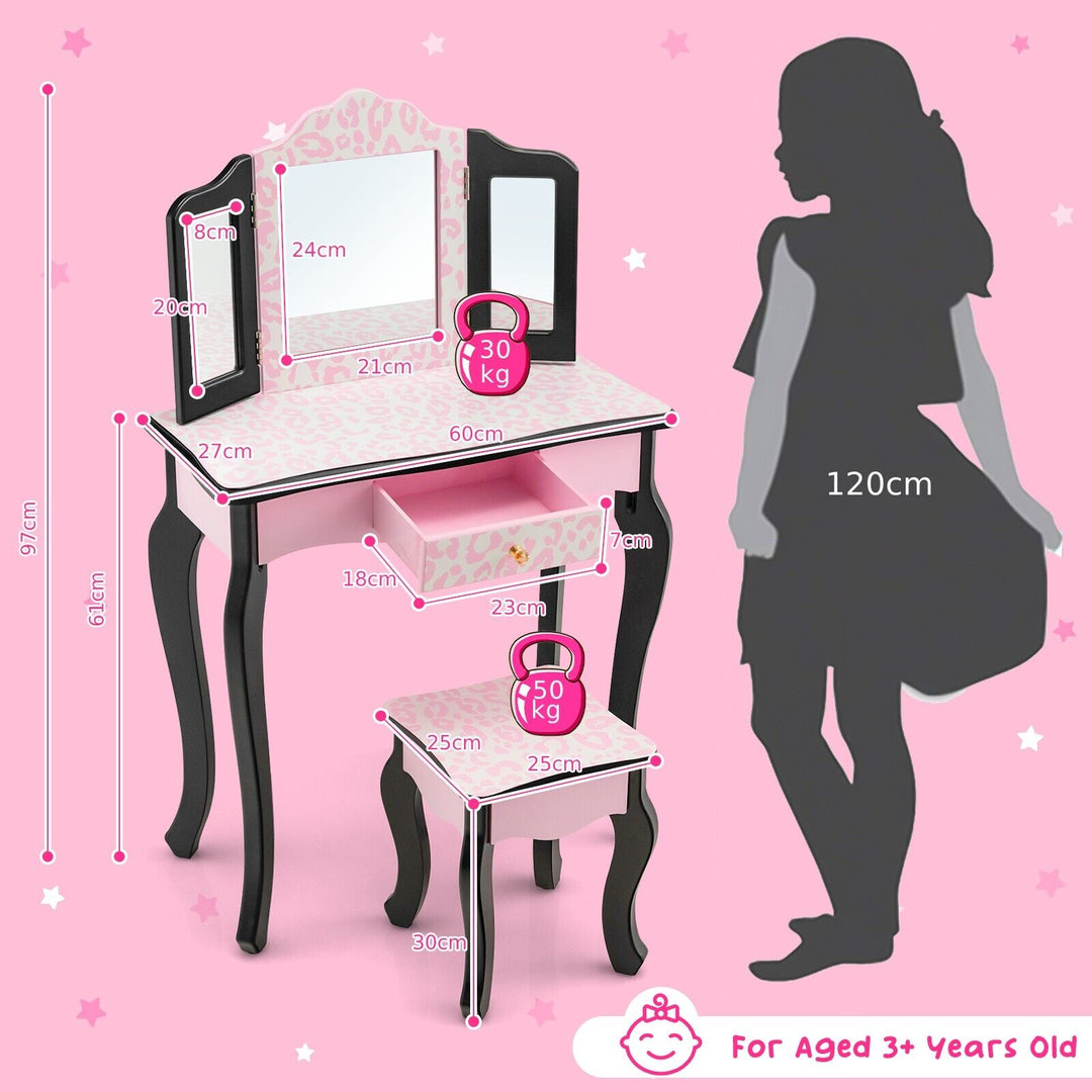 2 in 1 Kids Vanity Table and Stool Set for Girl Children-Pink Leopard Print