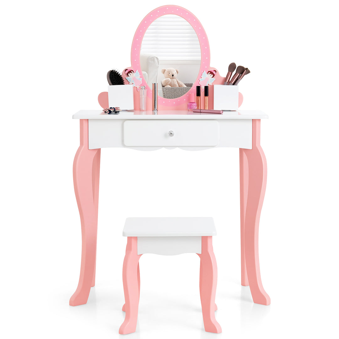 Kids Dressing Table and Stool Set with Mirror for Toddlers-White