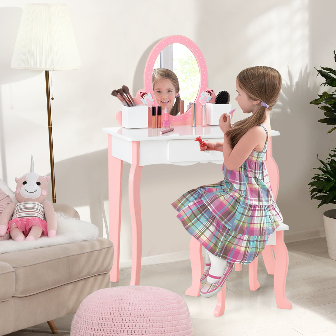 Kids Dressing Table and Stool Set with Mirror for Toddlers-White