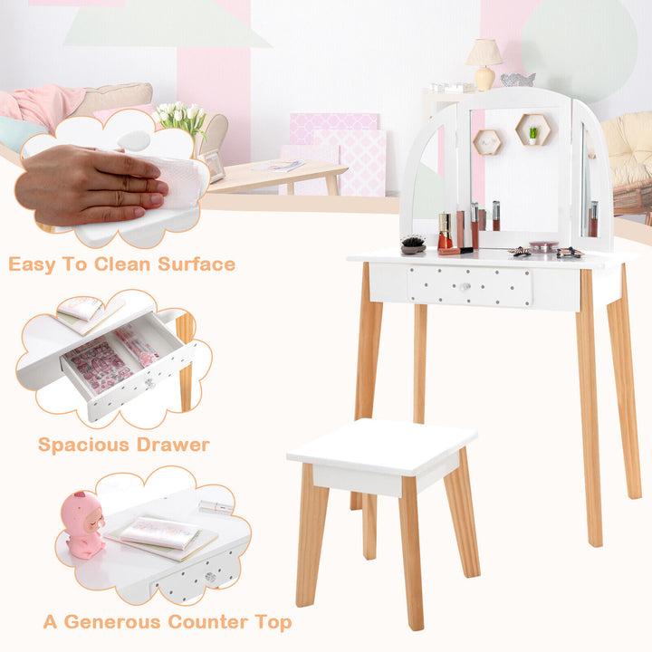 Kids Dressing Table and Stool Set Tri-Folding Mirror and Drawer -White