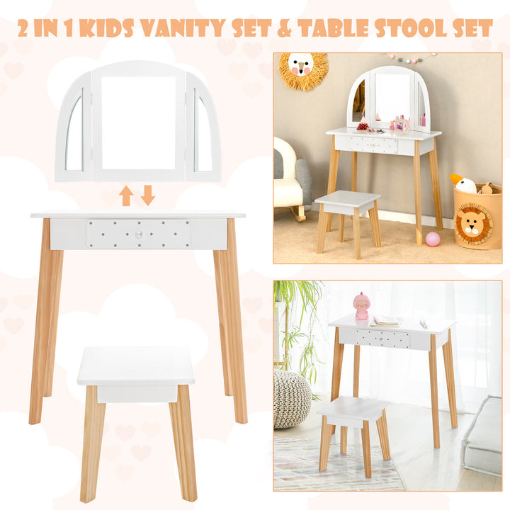 Kids Dressing Table and Stool Set Tri-Folding Mirror and Drawer -White