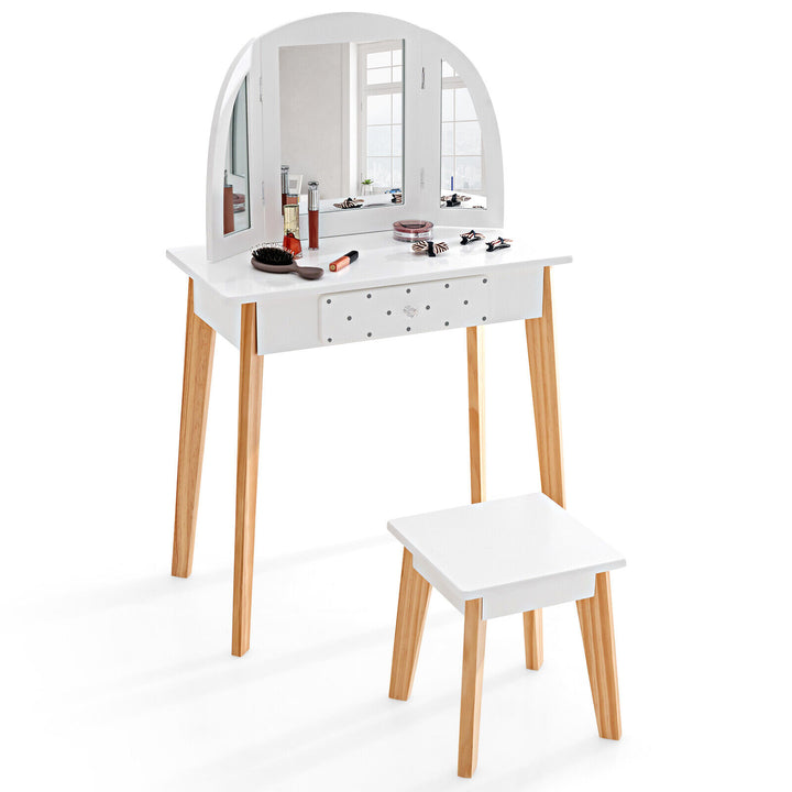 Kids Dressing Table and Stool Set Tri-Folding Mirror and Drawer -White