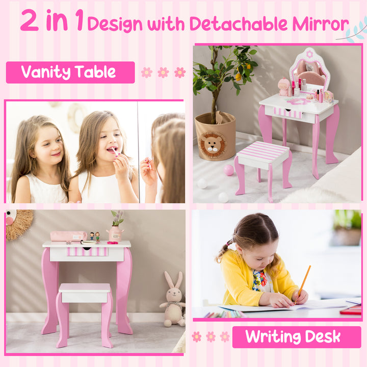 Kids Vanity Table and Stool Set with Mirror and Drawer-Pink & White