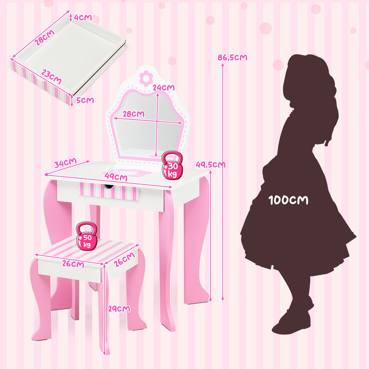 Kids Vanity Table and Stool Set with Mirror and Drawer-Pink & White