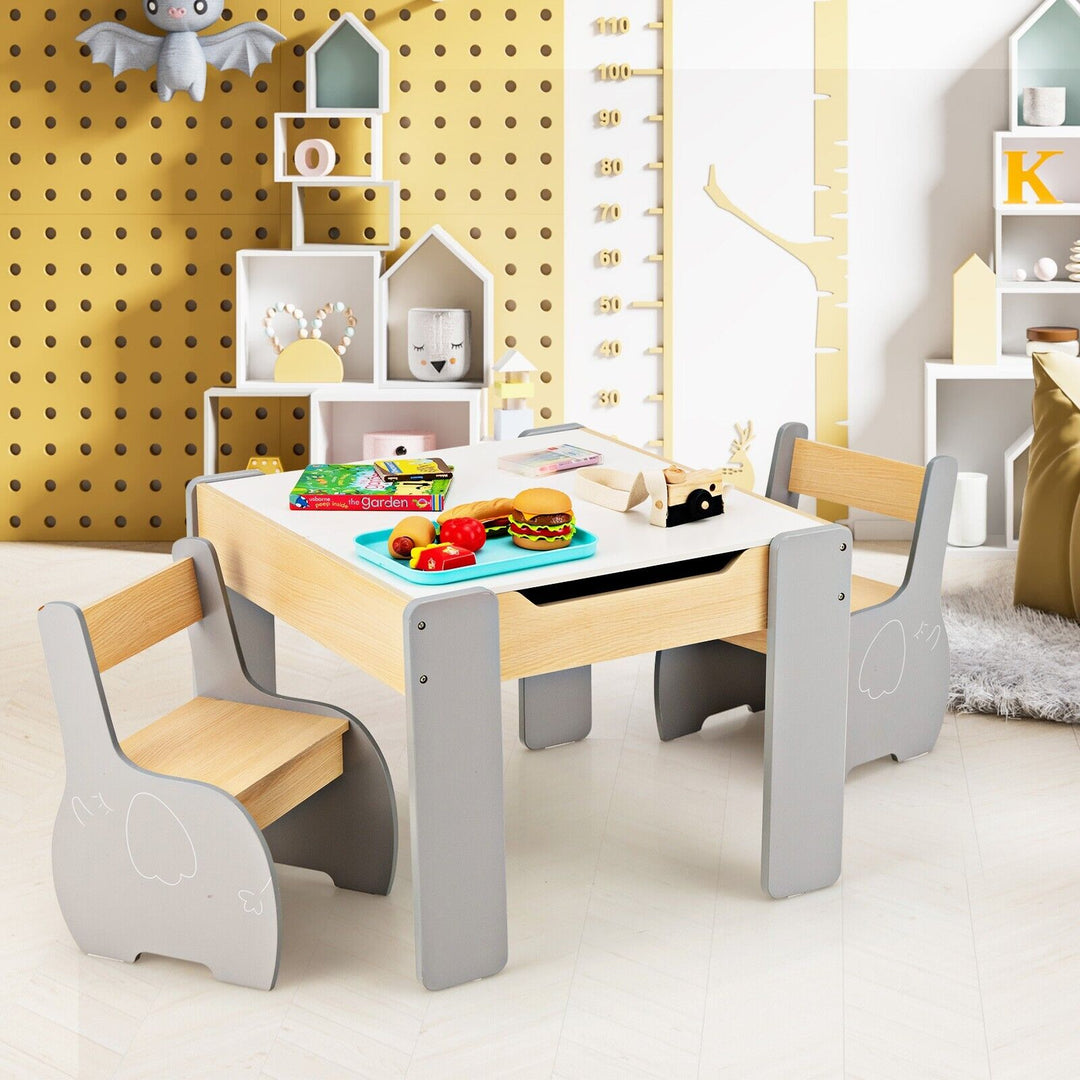 4-in-1 Wooden Kids Table and Chair Set with Hidden Storage-Grey