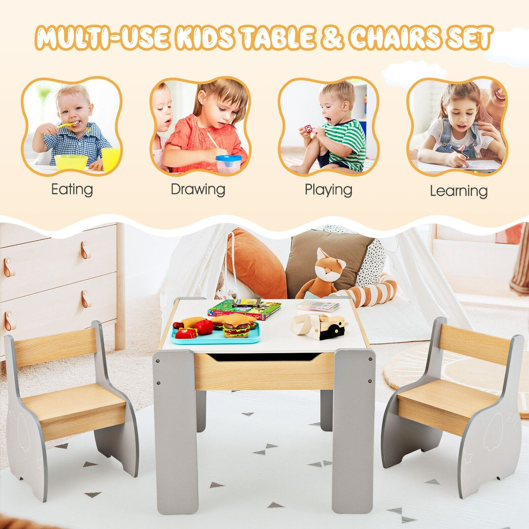 4-in-1 Wooden Kids Table and Chair Set with Hidden Storage-Grey