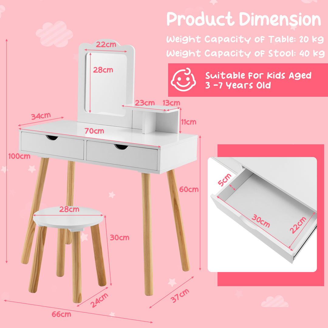 Kids Vanity Table and Stool Set with Square Mirror and Storage Shelf-White