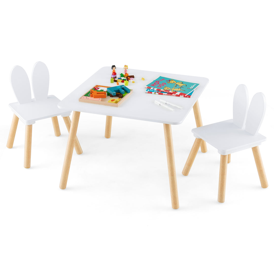 Kids Wooden Table and Rabbit Chairs Set with Space-Saving Structure-White