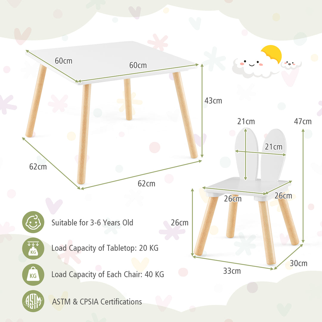 Kids Wooden Table and Rabbit Chairs Set with Space-Saving Structure-White