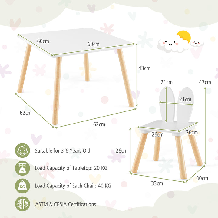 Kids Wooden Table and Rabbit Chairs Set with Space-Saving Structure-White