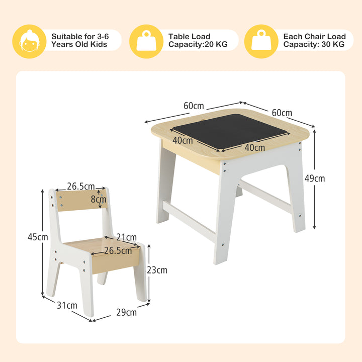 Kids Table and Chairs Set with Double-Sided Tabletop and Hidden Storage-Natural