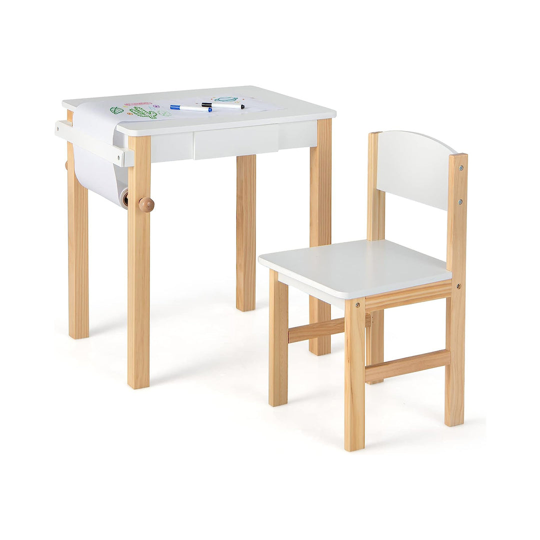 Wooden Toddler Craft Drawing Desk with Drawer and Paper Roll-White