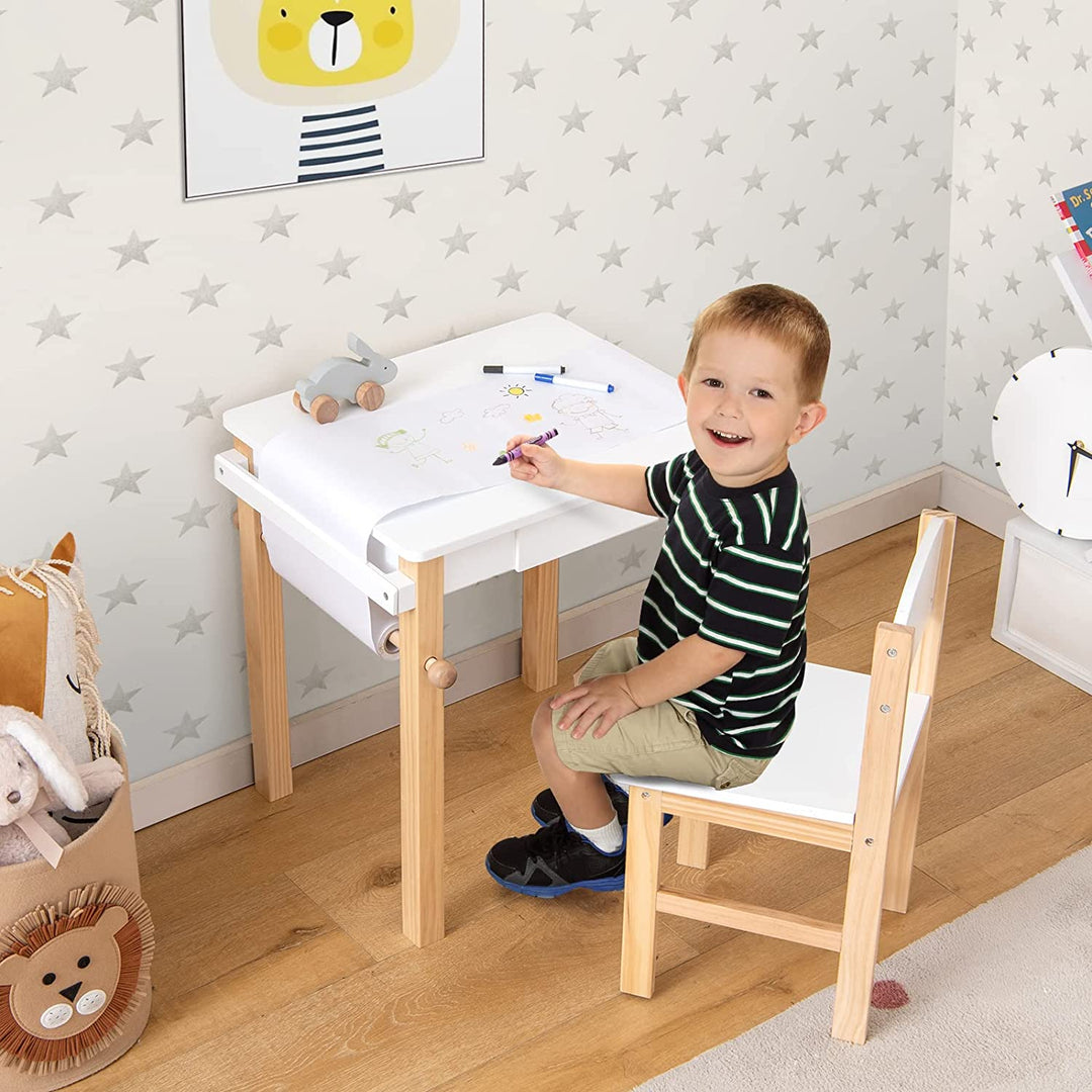 Wooden Toddler Craft Drawing Desk with Drawer and Paper Roll-White