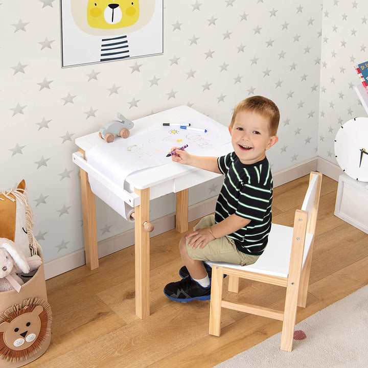 Wooden Toddler Craft Drawing Desk with Drawer and Paper Roll-White