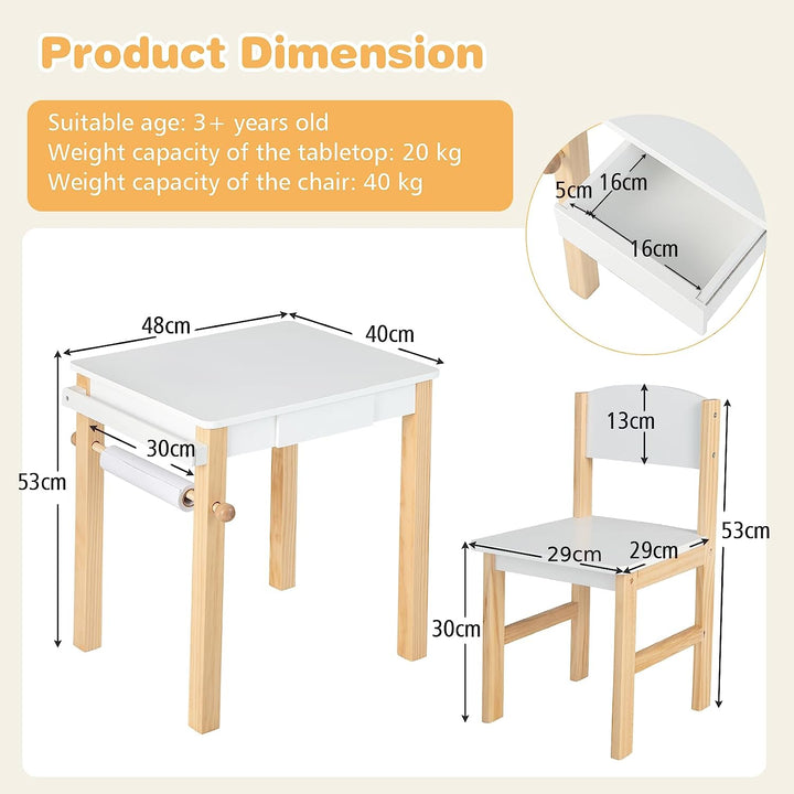 Wooden Toddler Craft Drawing Desk with Drawer and Paper Roll-White