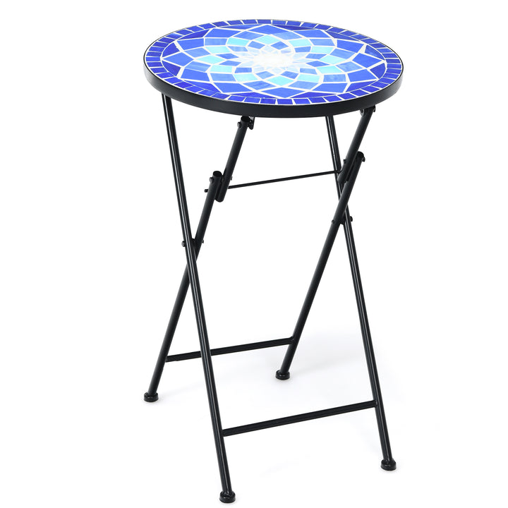 Folding Mosaic Side Table with Non-slip Foot- Mat-Blue Flower