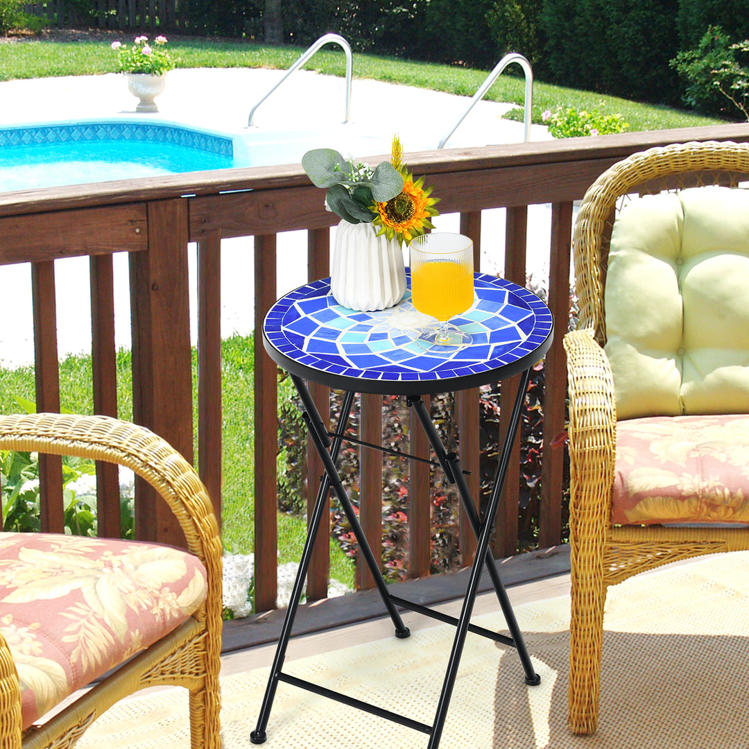 Folding Mosaic Side Table with Non-slip Foot- Mat-Blue Flower