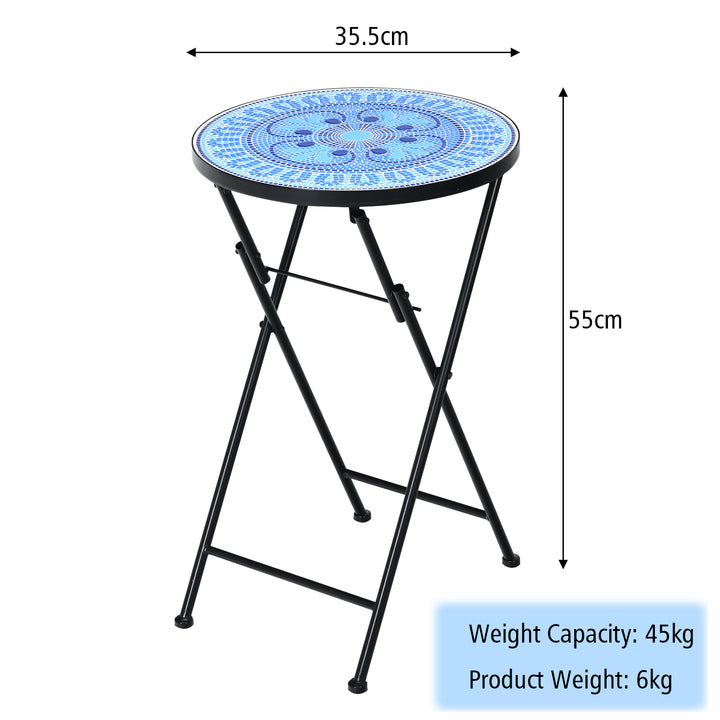 Folding Mosaic Side Table and Non-slip Foot- Mat-Blue