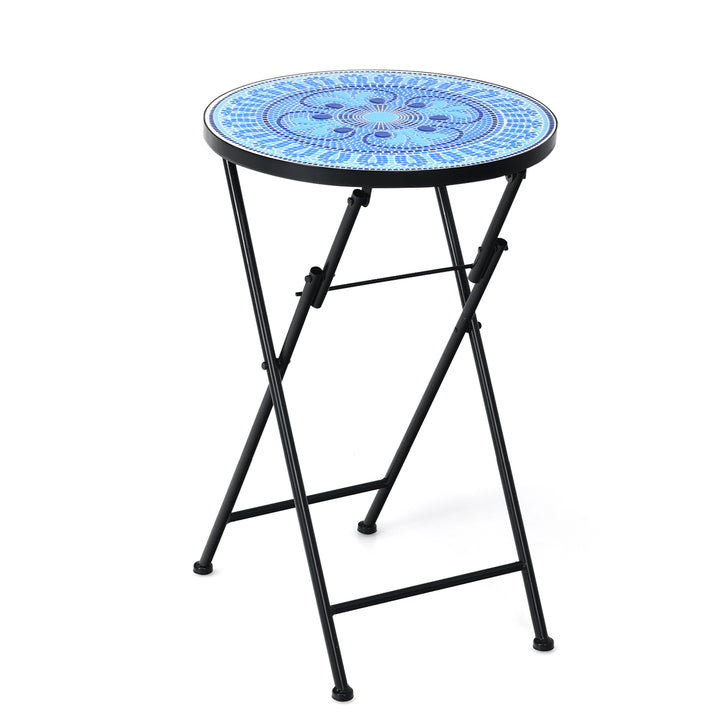 Folding Mosaic Side Table and Non-slip Foot- Mat-Blue