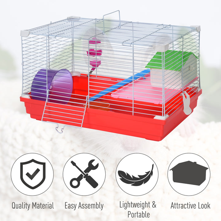 PawHut Dwarf Hamster Metal Cage w/ Tunnels Exercise Wheel Water Bottle Dishes Red and White