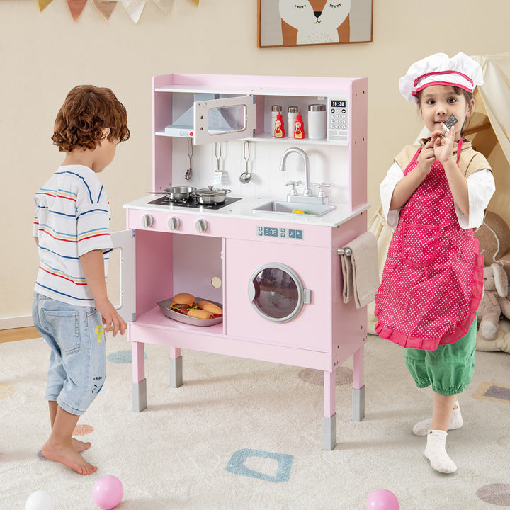 Adjustable Wooden Kids Play Kitchen with Washing Machine-Pink