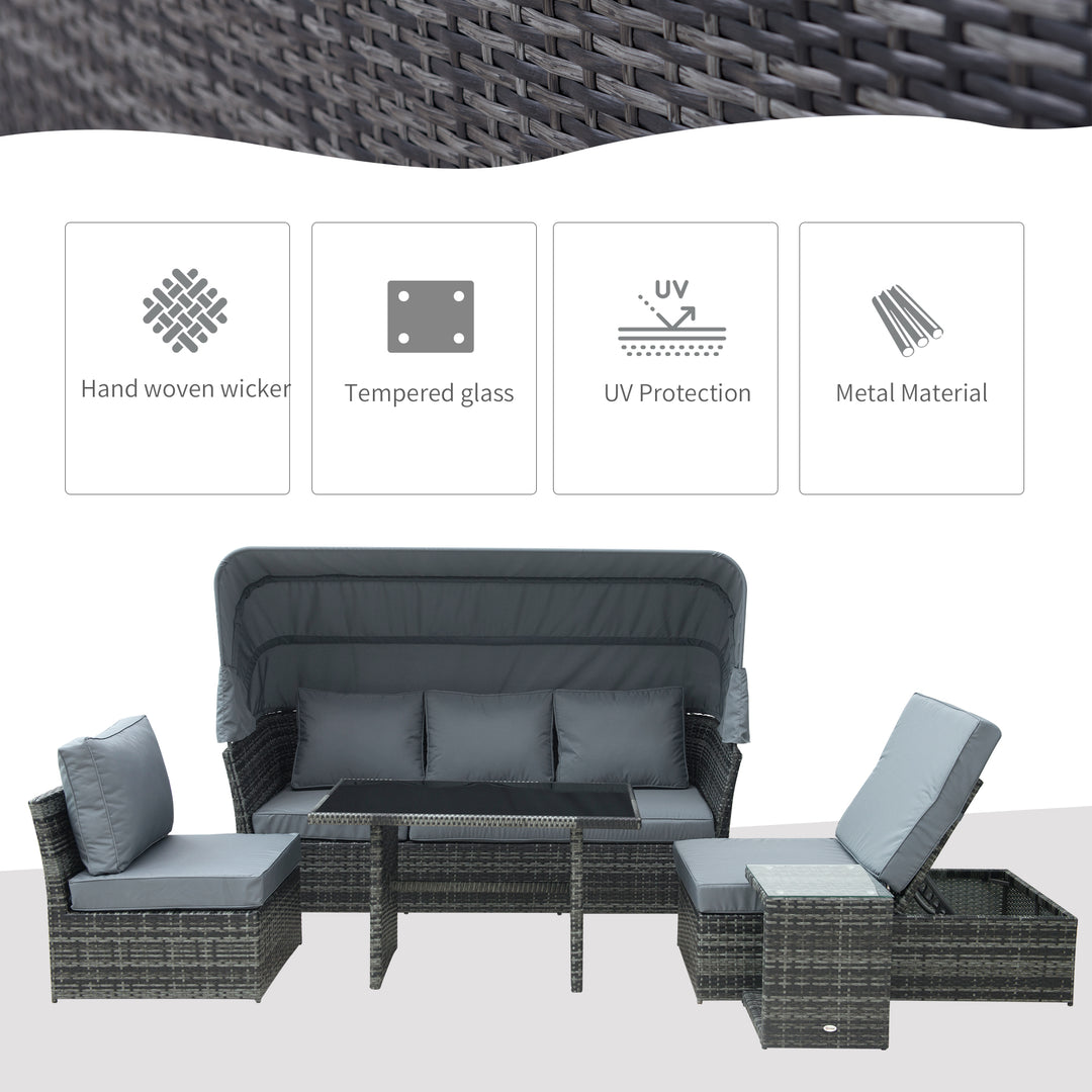 Outsunny 5-Seater Outdoor Rattan Garden Sofa Sets Reclining Sofa Adjustable Canopy & Side Dining Table Set, Mixed Grey