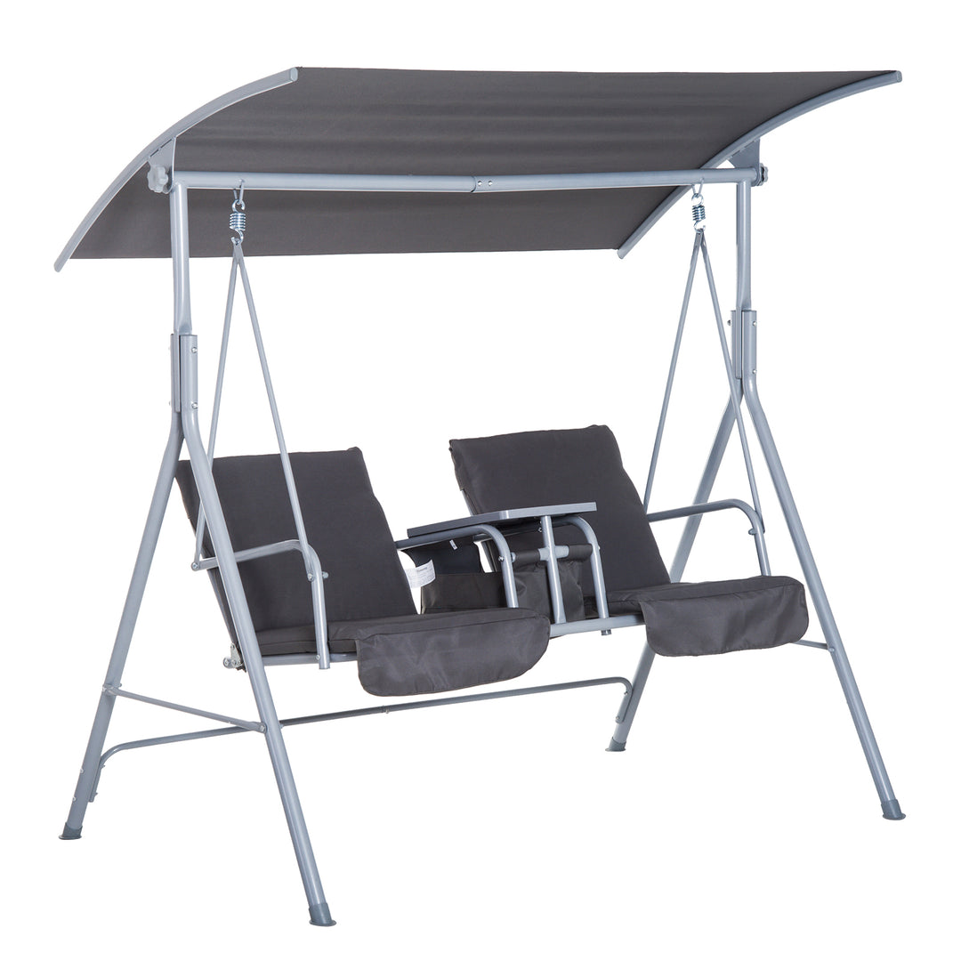 2 Seater Patio Rocking Bench Garden Swing Chair w/ Tilting Canopy, Double Padded Seats, Storage Bag and Tray, Grey