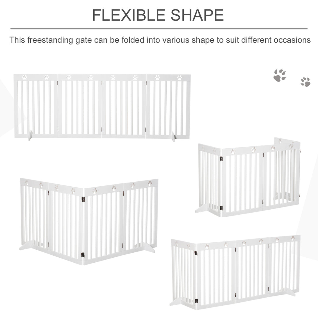 PawHut Pet Gate 4 Panel Wooden Foldable Fence Freestanding Dog Safety Barrier with 2 Support Feet for Doorways Stairs 80'' x 30'' White