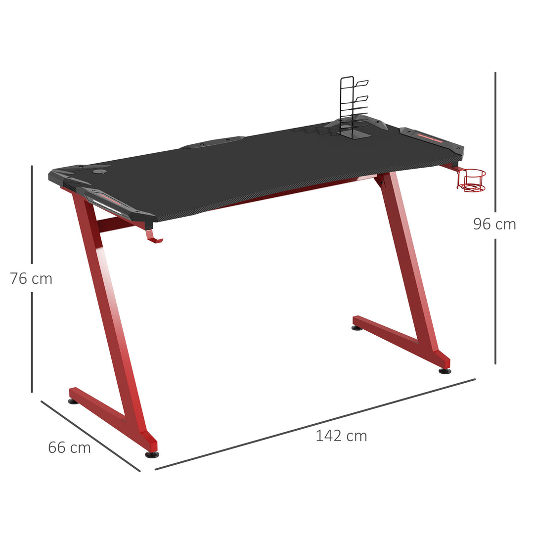 Gaming Desk, Ergonomic Home Office Desk, Gamer Workstation Racing Table, with Headphone Hook and Cup Holder, 142 x 66 x 96cm, Black and Red