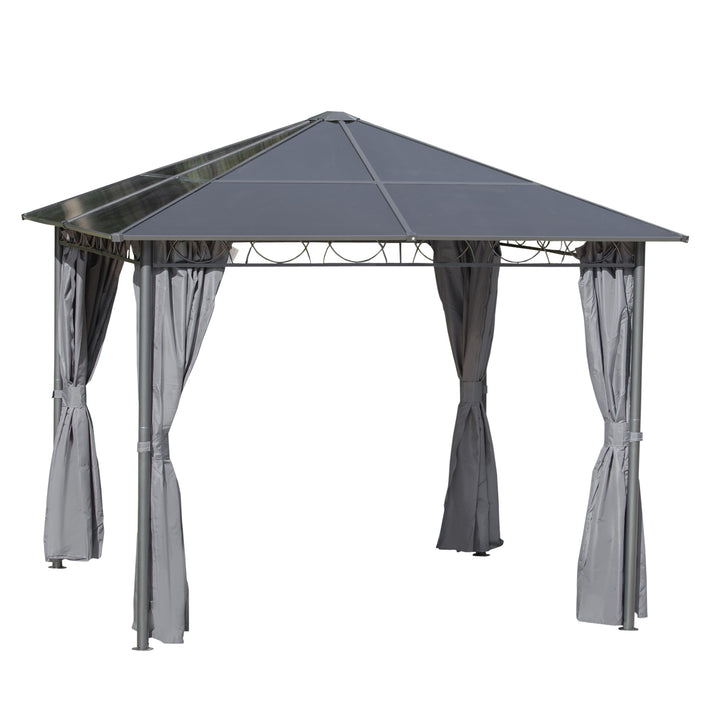 3 x 3(m) Hardtop Gazebo with UV Resistant Polycarbonate Roof, Steel & Aluminum Frame, Garden Pavilion with Curtains, Grey