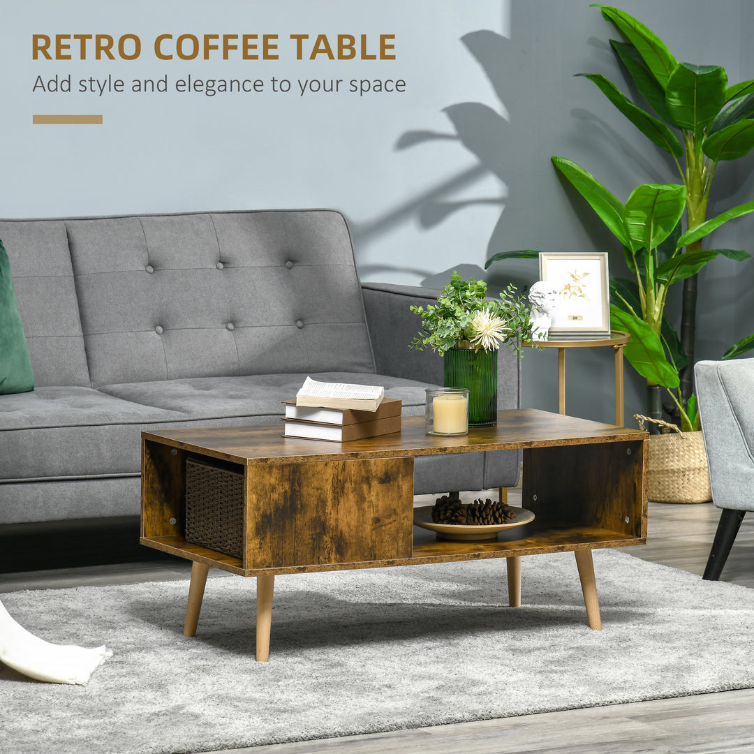 Coffee Table with Open Storage Shelves, Retro Cocktail Table with Solid Wood Legs for Living Room, Rustic Brown