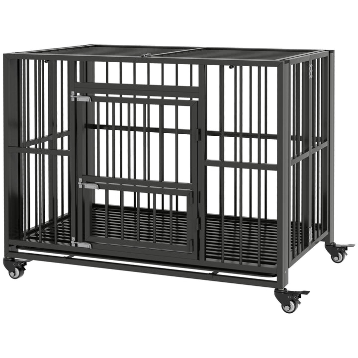 Heavy Duty Foldable Dog Crate, w/ Openable Top and Wheels-Black