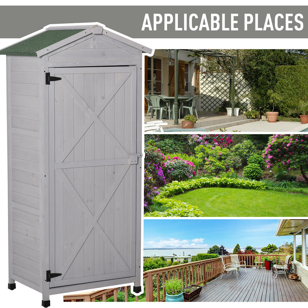 Wooden Garden Cabinet 3-Tier Storage Shed 2 Shelves Lockable Organizer with Hooks Foot Pad 74 x 55 x 155cm Light Grey