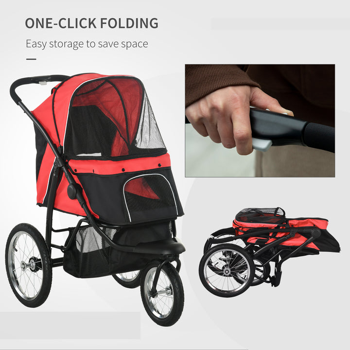 Pet Stroller Jogger for Medium, Small Dogs, Foldable Cat Pram Dog Pushchair w/ Adjustable Canopy, 3 Big Wheels - Red
