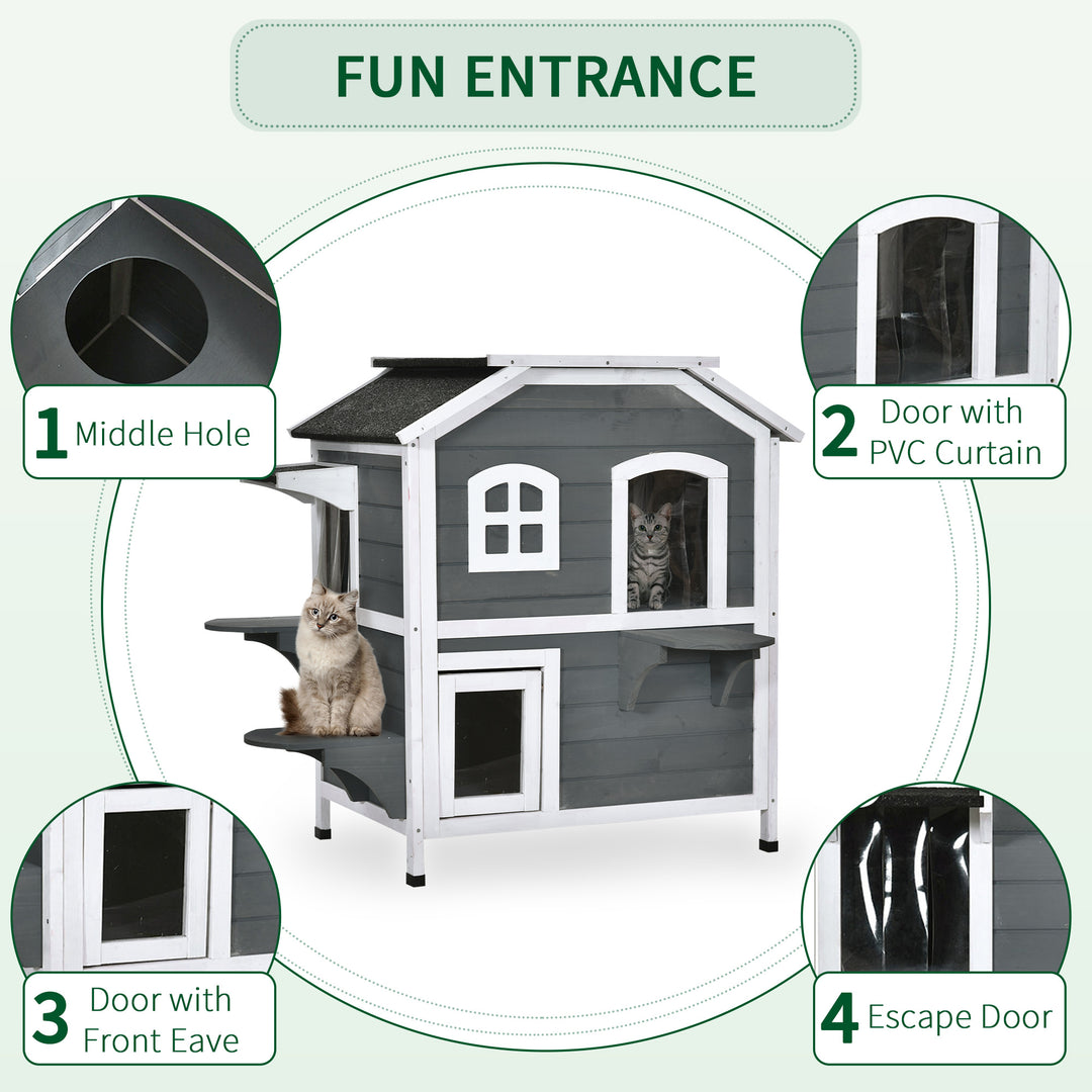 Solid Wood Cat Condos Pet House Water Proof Outdoor 2-Floor Villa, Grey