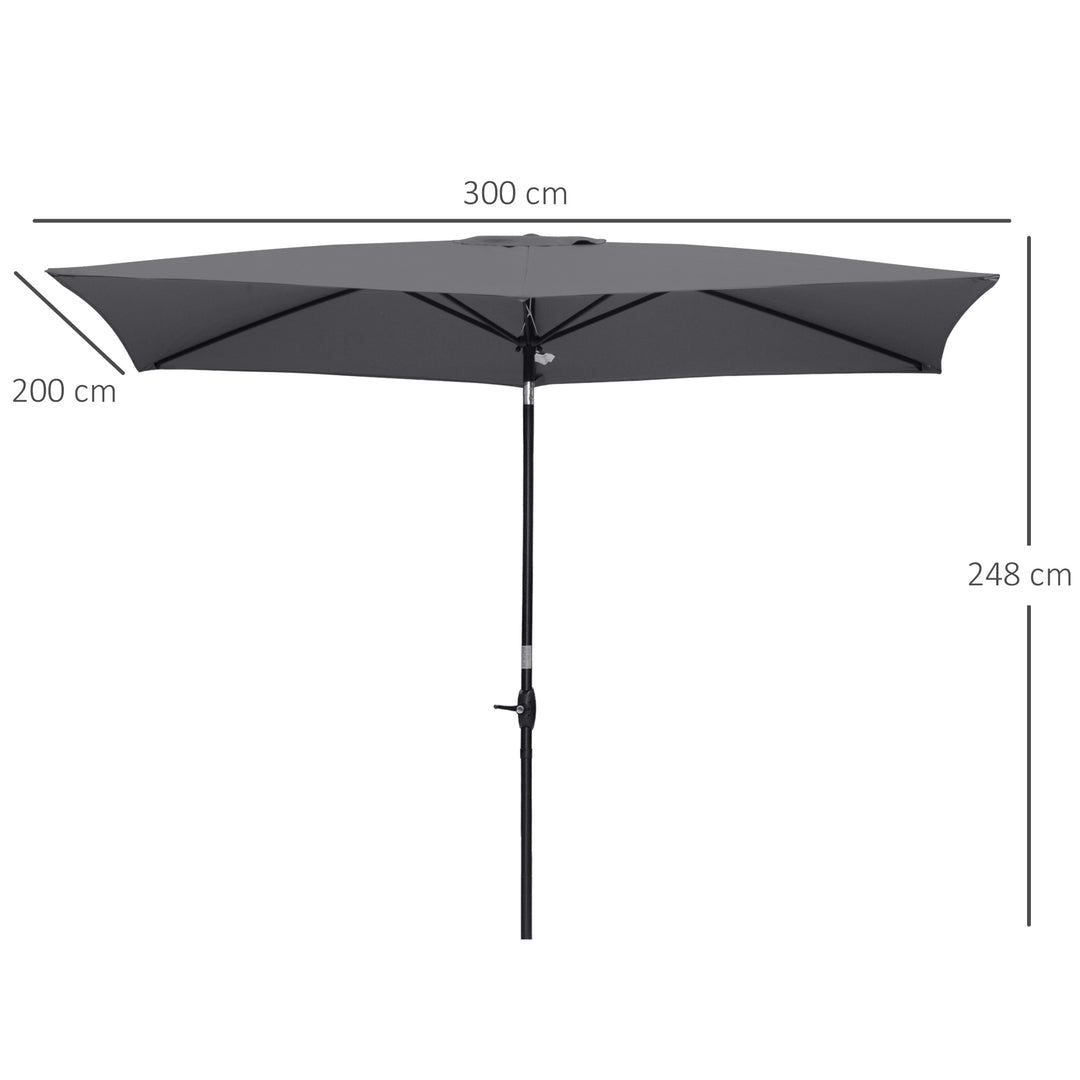Outsunny 2 x 3(m) Garden Parasols Umbrellas Rectangular Patio Market Umbrella Outdoor Sun Shade w/ Crank &amp; Push Button Tilt, Aluminium Pole Dark Grey