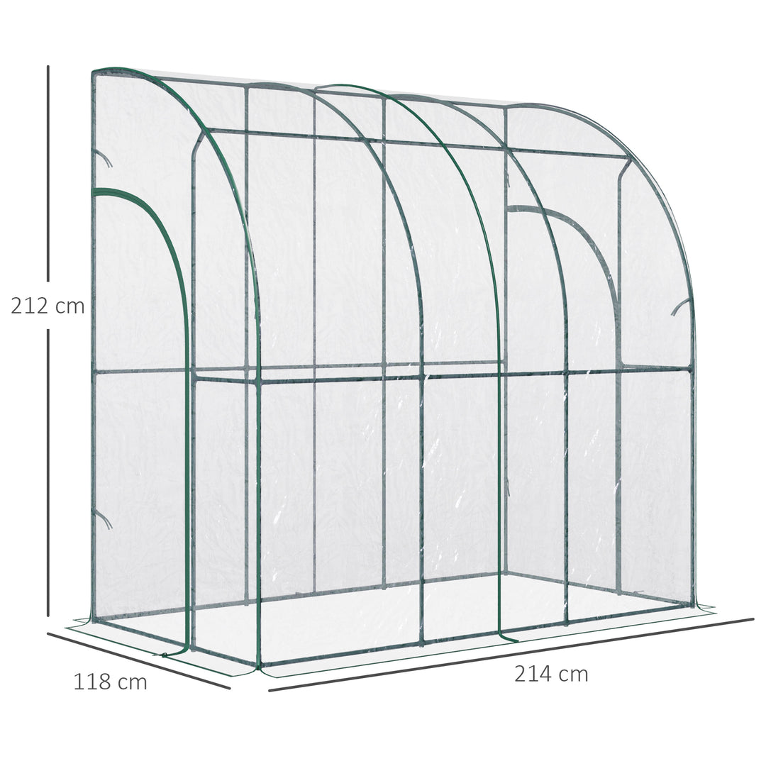 Outsunny Outdoor Walk-In Lean to Wall Tunnel Greenhouse with Zippered Roll Up Door PVC Cover Sloping Top, Clear, Green 214cm x 118cm x 212cm
