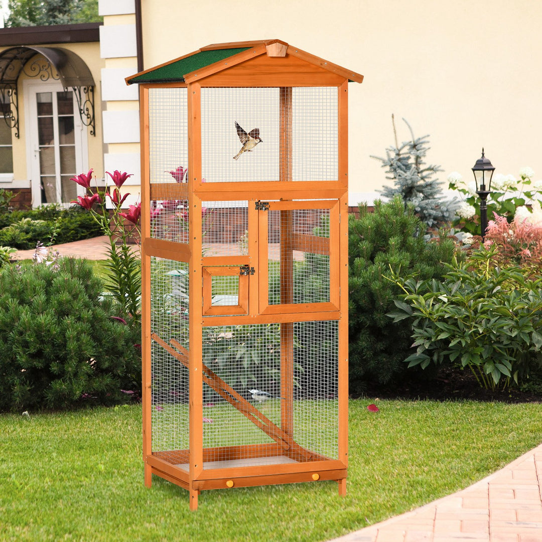 Wooden Bird Aviary Cages Outdoor Finches Birdcage with Pull Out Tray 2 Doors, Orange