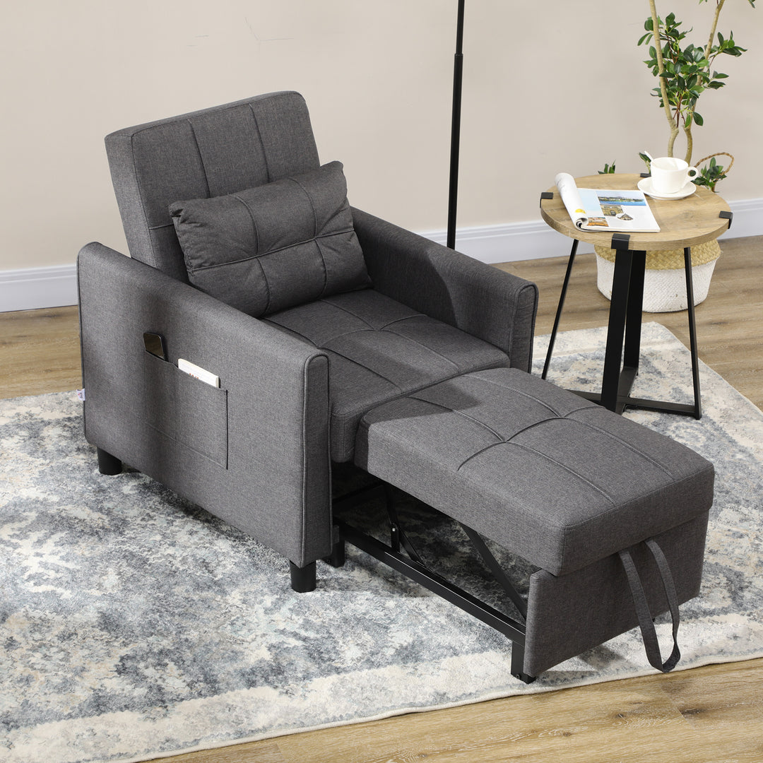 Folding Sofa Bed, Pull Out Single Sleeper, 3 in 1 Convertible Chair Bed with Adjustable Backrest, Pillow, Side Pocket for Home Office Grey