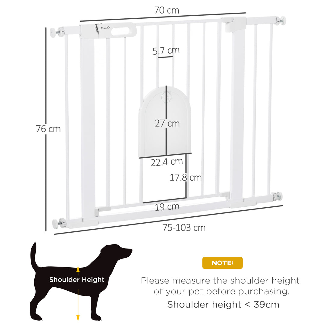 Dog Gate with Cat Flap Pet Safety Gate Barrier, Stair Pressure Fit, Auto Close, 75-103 cm White