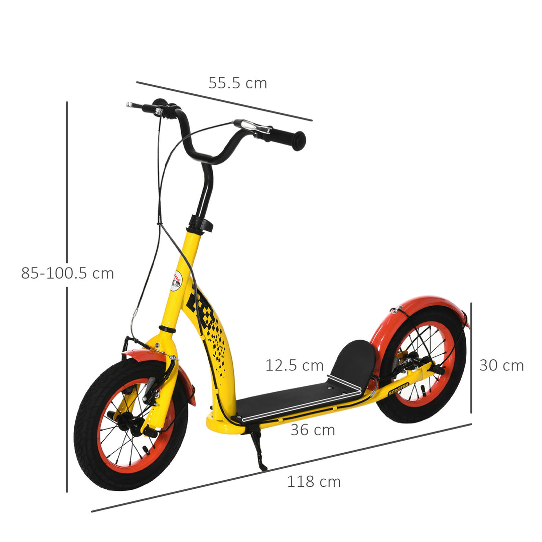 Kids Kick Scooter, w/ Adjustable Height, Front Rear Dual Brakes, 12 Inch Inflatable Rubber Wheels, for Ages 5+ Years - Yellow