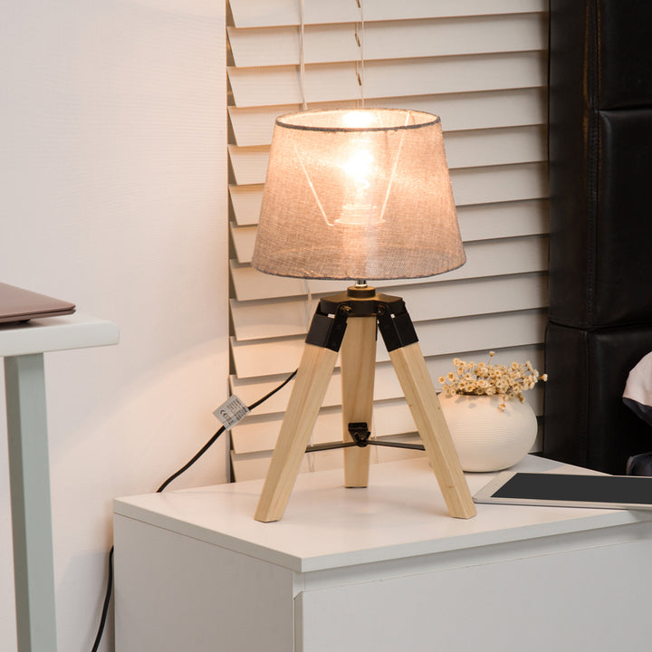 Wooden Tripod Table Lamp for Side, Desk or End Table with E27 Bulb Base（Grey Shade）