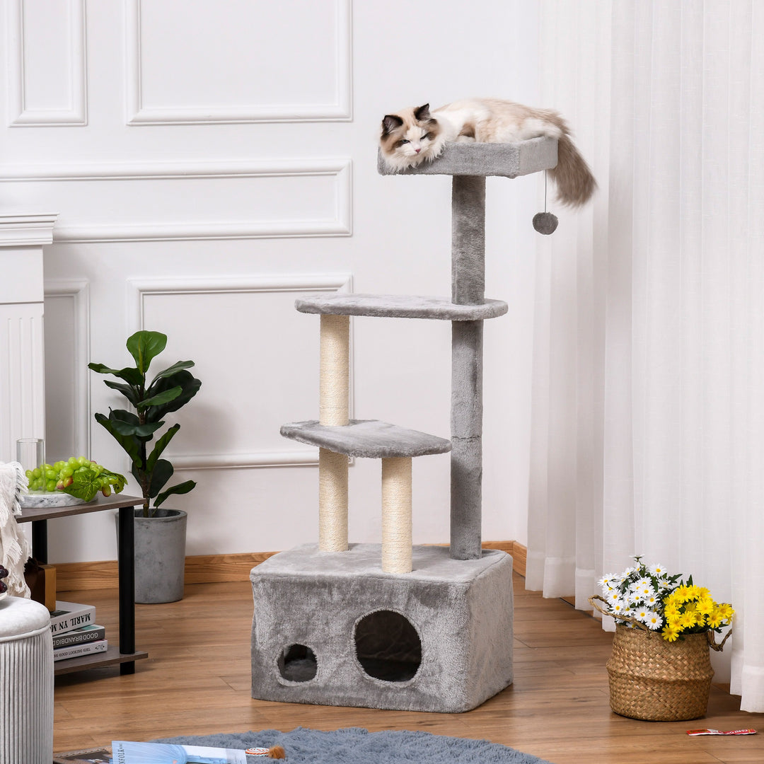 PawHut Cat Tree Kitten Tower 4-level Activity Centre Pet Furniture with Sisal Scratching Post Condo Plush Perches Hanging Ball Toys Grey